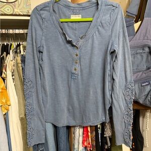 Free People Crochet-Elbow Detail Long Sleeve Top - Light Blue